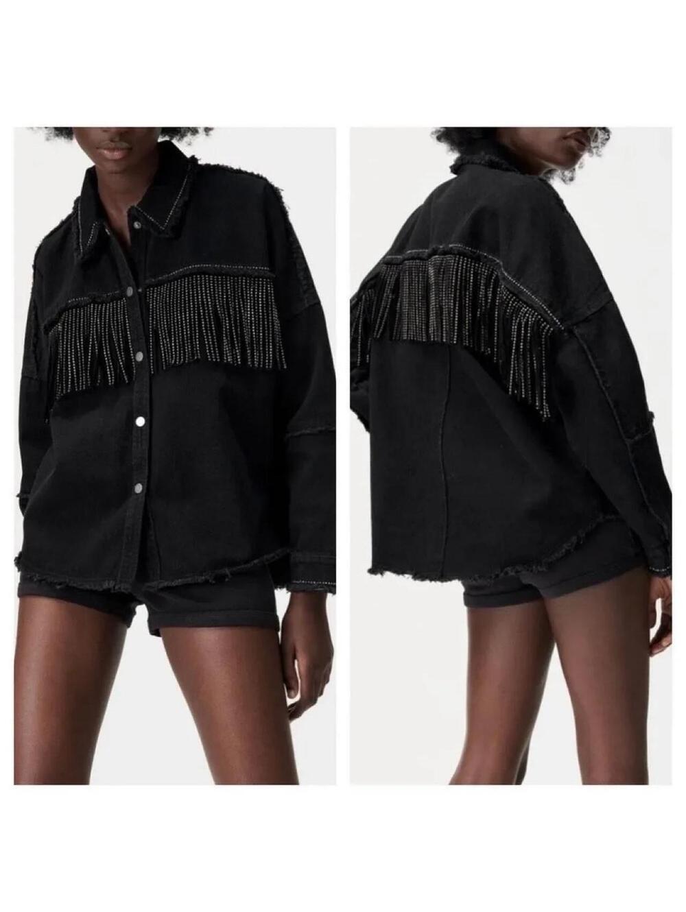 Zara Black Denim Rhinestone Fringe Western Oversized Jacket Size large